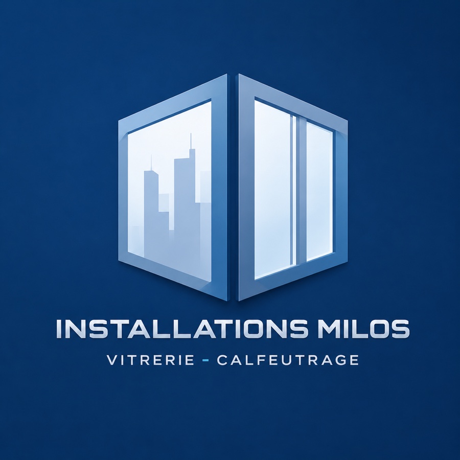 Installations Milos logo exploration — window in perspective on a deep blue background